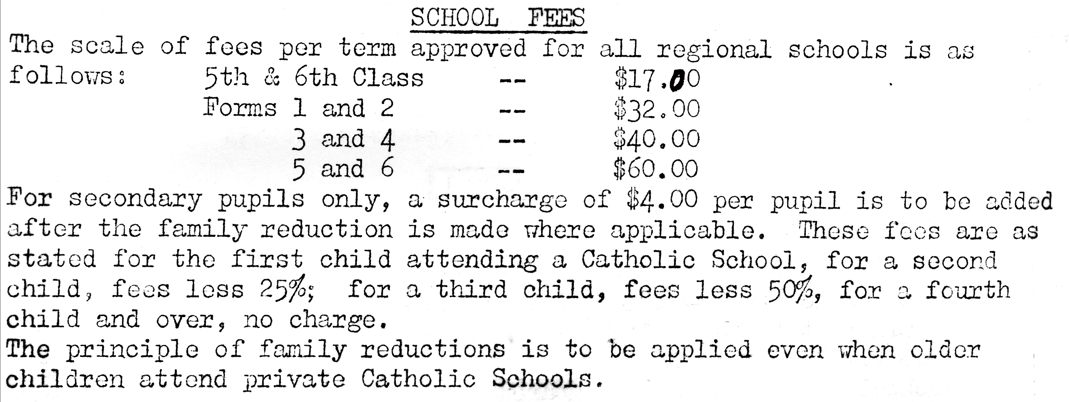 School fees schedule, 1969